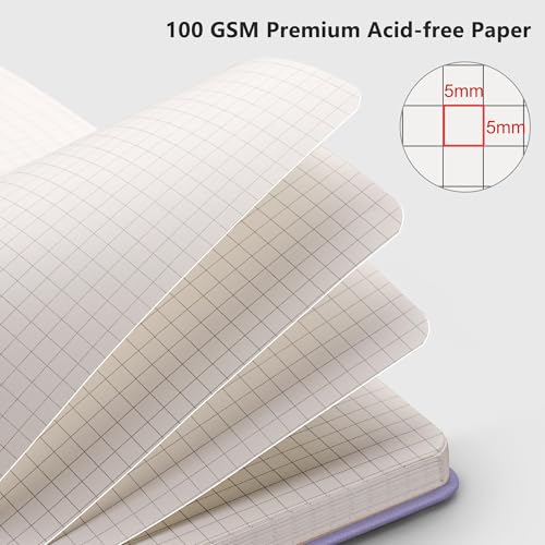 Image of RETTACY Graph Grid Paper Notebook, 192 Pages, A5 Size (5.7'' x 8.3'') | 5 Squares per Inch, Leather Hardcover, 100 GSM Thick Paper, for School, Students, Math, Engineering (Purple)