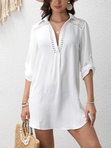 Women's Summer Beach Cover Ups Shirts Long Sleeve Casual Collar V-Neck Vacation Shirts Dress Relaxed Swimsuit4