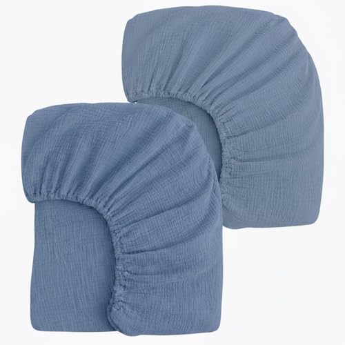 Image of PET REJOIR 2 Pack Muslin Crib Sheets for Boys & Girl- Neutral Breathable Cotton Crib Mattress Sheets Fitted for Standard 28"x 52"- Nursery Décor No Slip Bed Sheets- Dustyblue & Blue