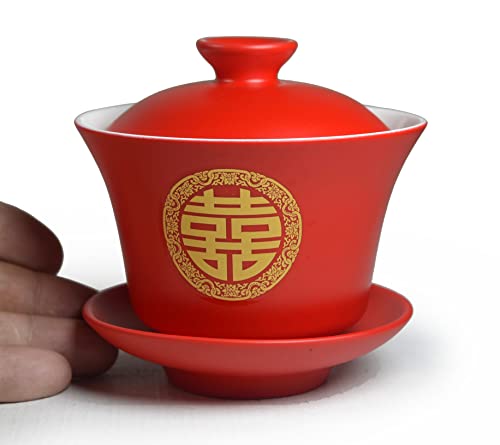Image of Liang baobao Chinese Tableware Tea Gift 2 Set Gaiwan Bowl Spoon Porcelain Double Happiness for Adults Men Women Couple Wedding Party (Double Happiness)