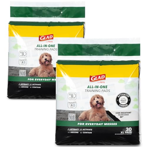 Image of Glad for Pets Extra Large Charcoal Training Pads for Dogs and Puppies, Activated Carbon Odor Control, 6-Layer Absorbent Leak-Proof Pee Pads with Pheromone Attractant, 28 x 30 in, 30 Count - 2 Pack