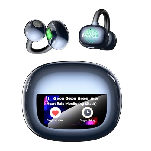 MINISO Clip On Earbuds Open Ear Earbuds Wireless Bluetooth 5.4 Headphones Heart Rate Monitor, Noise Cancelling, IPX5, LCD Full Color Touch Screen, Sports Ear Buds wiht mic Secure Fit for Small Ears