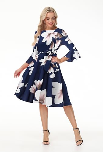 Image of Hostoyo Church Dress for Women Wedding Guest Cocktail Party Dresses Evening Prom Formal Modest Gowns Crew Neck Bell Sleeve