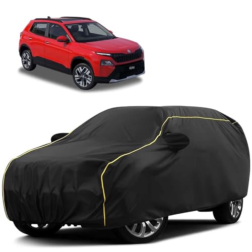 Image of Sulfar 100% Water Resistant Car Body Cover Compatible with Mirror for Skoda Kylaq (Triple Stitched, Full Bottom Elastic, Black Tafetta with Yellow Piping)