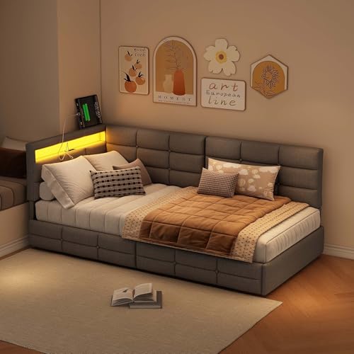 Polsterbett Schlafsofa 90x200 mit 2 Schubladen, Tagesbett Einzelbett mit LED-Licht und USB-Ladeanschluss, Multifunktional Daybett mit Lattenrost und Kopfteile, Leinen (Grau, 90x200cm)