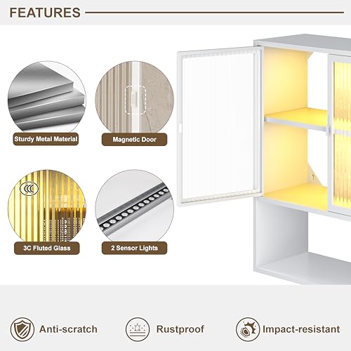 Image of Wall Mounted Bathroom Cabinet with Glass Doors, Metal Over Toilet Storage Cabinets with Open Shelves, Medicine Cabinets for Bathroom, Living Room, Bedroom, White