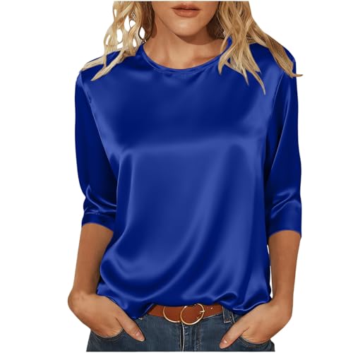 Spring Tops for Women 3/4 Sleeve Shirts Round Neck Loose Casual Blouses Solid Color Satin Silk Tshirts Spring Summer Outfits Blue