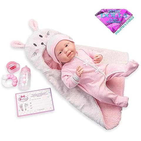 JC Toys - La Newborn Nursery | 8 Piece Bunting Soft Body Baby Doll Gift Set | 15.5" Life-Like Soft and Posable Newborn Doll with Accessories | Pink Bunny| Ages 2+ (18789) Cover
