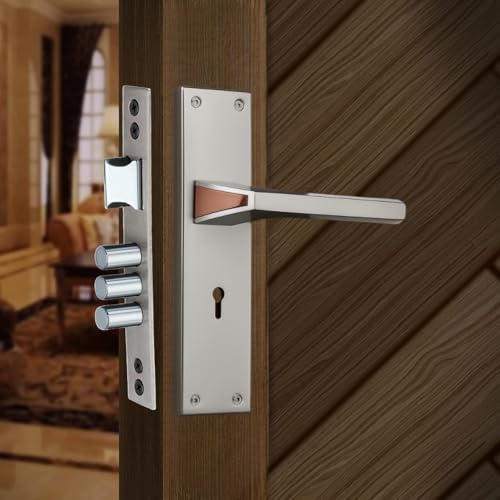 Image of Mortise Door Lock Handle Set | 8 inch steel lockset 1015 KY | 6 lever 65mm Double turn Lock Mechanism | Suitable for Left & Right Handed Living Room Doors, Bedroom Door (SS /Rose Gold Finish)