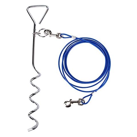 10ft (3M) Dog Tie Out Cable with 18" Spiral Ground Stake Spike - Out for Outdoor Yard and Camping - Small to Medium Dogs (10ft(3M) cable, 18" stake, Blue) Cover