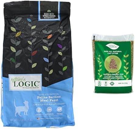 NATURE'S LOGIC Feline Sardine Meal Feast Cat Food, 15.4lbs & Natural Pine Pellet Cat Litter, 12lbs