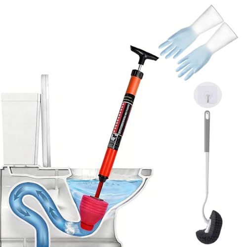 Toilet Plunger Set - High Pressure Toilet Plunger for Bathroom, Toilet Brush, Rubber Gloves - Powerful Air Drain Unclogger & Heavy - All Purpose Toilet unclogging Tool for Bathroom