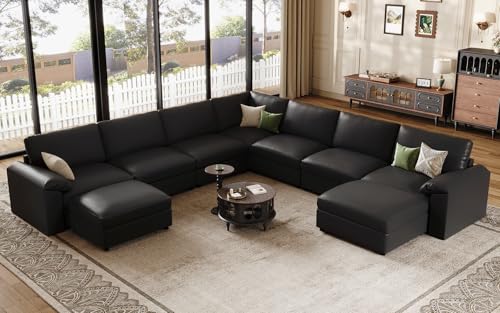 Image of EASE MOOSE Faux Leather Sectional Couch with Ottoman, Oversized Modular Sofa, Vintage Comfy Modular Couch, Scratch Resistant Material Sofas, U Shaped Couch for Living Room, Black