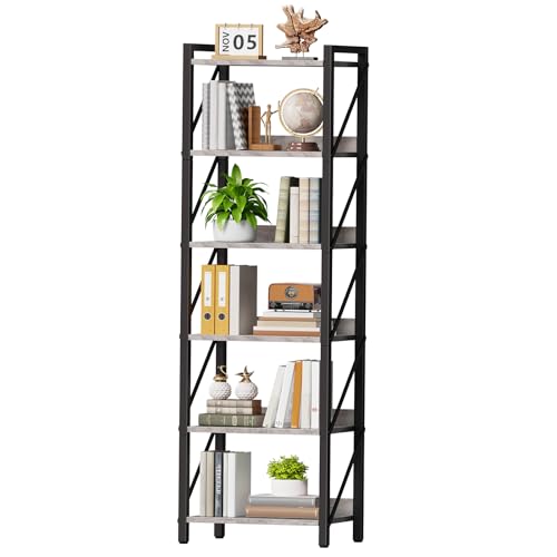 Image of HOOBRO Bookshelf, 6-Tier Industrial Bookcase, Book Shelf Storage Organizer, Tall Bookshelf with Metal Frame for Living Room, Bedroom, Home Office, Kitchen, Greige and Black BG72SJ01