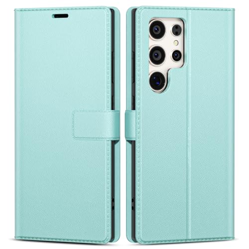 oakxco for Samsung Galaxy S23 Ultra Wallet Case with Credit Card Holder, Magnetic RFID Slim Folio Book Flip Leather Phone Case for Women Men Girl, Cute Silicone Rubber Shockproof Cover, Mint Green