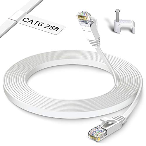 Cat 6 Ethernet Cable 25 ft - High Speed Flat 25ft Internet Network Cable with RJ45 Connectors, Clips & Labels - 50 Feet Cat6 Long Computer LAN Wire for Laptop, PC, Router, Modem, Printer, TV