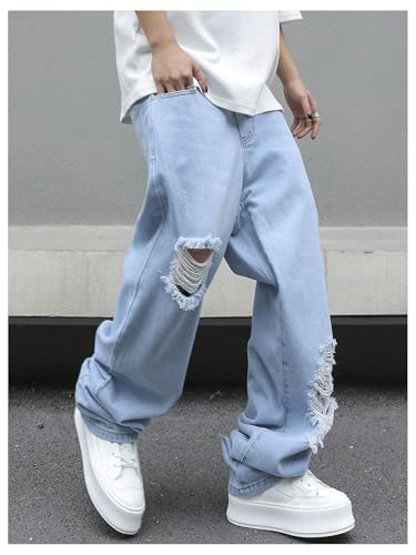 OYOANGLE Men's Ripped Distressed Jeans Wide Leg Casual Long Denim Pants with Pocket4