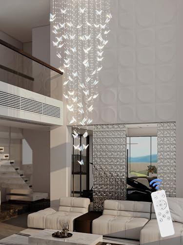 Image of ykolupty H102 High Ceiling Chandelier Modern Crystal Chandeliers Lighting Raindrop Large Chandelier for Staircase Foyer Entryway Living Room Dimmable 3000-6000K