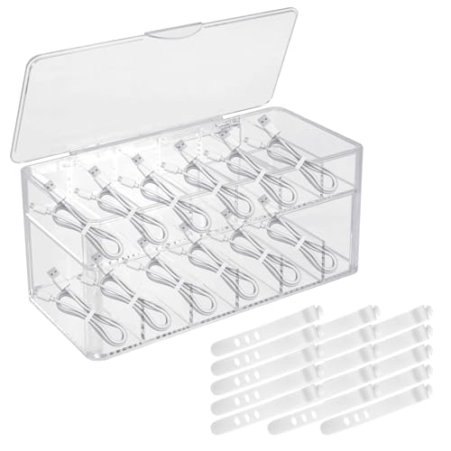 Dedjgoo Double Layered Cable Storage Box with Cover, 12 Grid Cable Sorting Box, Large Data Cable Storage Box, Charging Plug, Transparent Cable Management Box with 15 Zip Ties