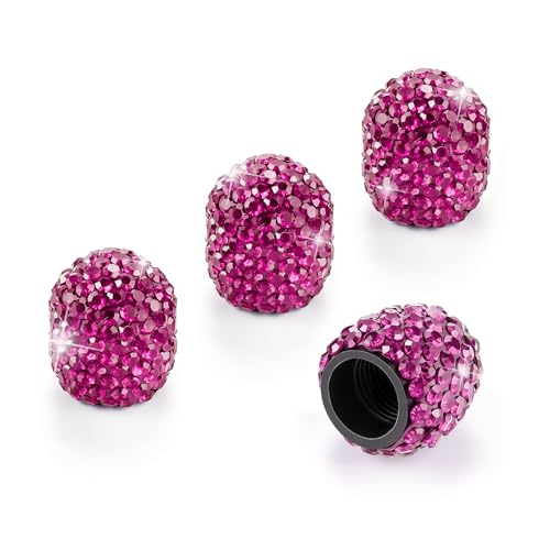 Image of JUSTTOP 4 Pack Handmade Crystal Rhinestone Tire Valve Stem Caps, Universal for Cars, Trucks and Motorcycles - Violet Red