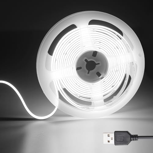 SIRYYUI COB USB LED Light Strip,5V Led Strip 480LEDs/1.5M, 6000K Daylight White USB Led Light, CRI90+,8MM Width Led Strip Lights for TV Backlight,Mirror backlighting,Home DIY Lighting