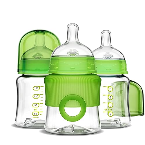 Image of Smilo Baby Bottle Set with Stage 0 Slow Flow Anti Colic Nipple, 5 Oz / 150 ml Capacity, 3X Pack of Anti Colic Baby Bottles 0-3 Months - Green