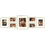 Golden State Art, Set of 7 Frames, Aluminum Metal Photo Frames with Ivory Color Mat & Real Glass, Décor Collage Frame - Color: Gold