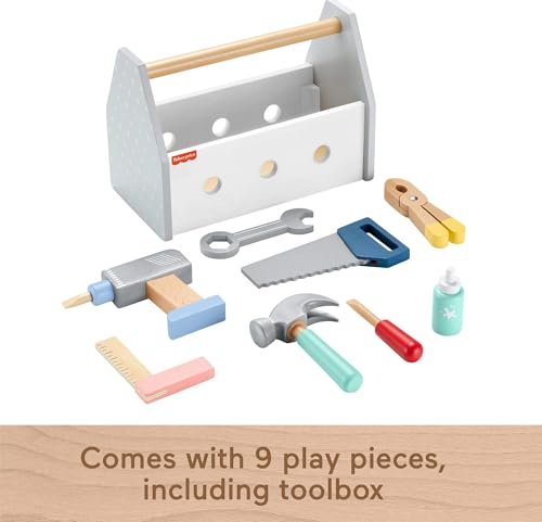 Fisher-Price Wood Pretend Play Toy Tool Box with Drill, 9-Piece Wooden Set for Building Construction Play Preschool Kids Ages 3+ Years - image 6
