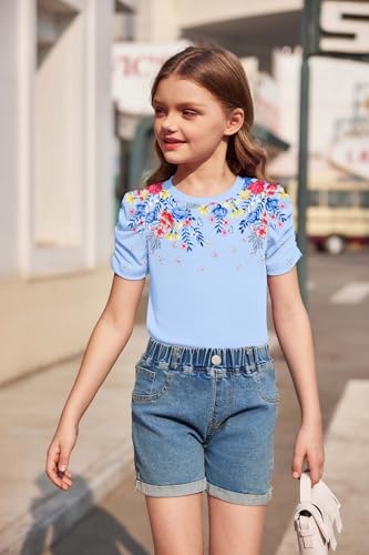 Image of Arshiner Girls Puff Short Sleeve Shirts Summer Ribbed Knit Crewneck T Shirt Tops Tee Blouse