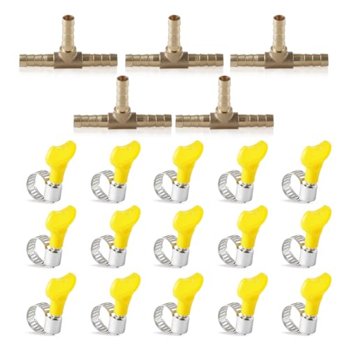 Image of Glirowy 5 Pcs 6mm Brass Hose Barb Tee,3-Way Tee Hose Fitting with 15 Pcs Clamps