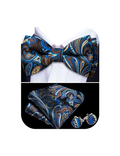 Image of YOHOWA Paisley Striped Men Bow Tie Pre-Tied Formal Adjustable Colorful Bowties Handkerchief Cufflinks Set Wedding Party