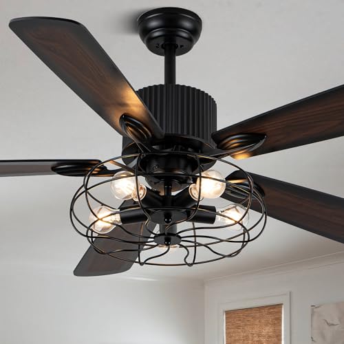 Image of 52'' Black Industrial Farmhouse Vintage Caged Fandelier Fan with Light