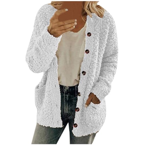 AMhomely Cárdigan de sherpa mullido para mujer, chaqueta de forro polar con frente abierto, sudadera suave y esponjosa de manga larga con botones, abrigo de otoño, elástico, casual, suave, abrigo para