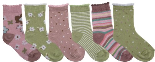 Nicky Noodles Little Girls' 6 Pack Quarter Socks Ditsy Sage & Pink