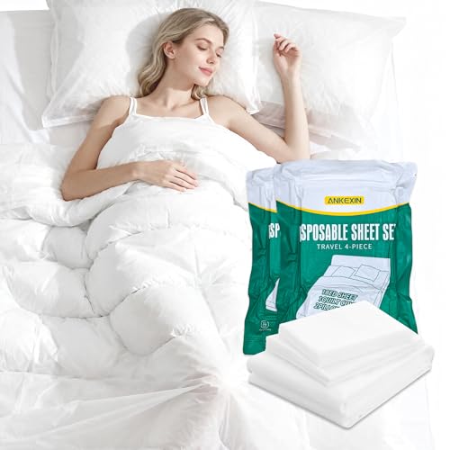 ANKEXIN Disposable Bedding Set 2 Pack Queen Size Portable Bed Sheets Set for Travel Includes Flat Sheet Duvet Cover and Pillowcases Lightweight Disposable Bed Sheets for Hotel and Business Trips