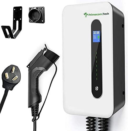 PRIMECOM 32Amp EV Wall Charging Station with NEMA 10-50P plug, J1772 connector, and mounting hardware