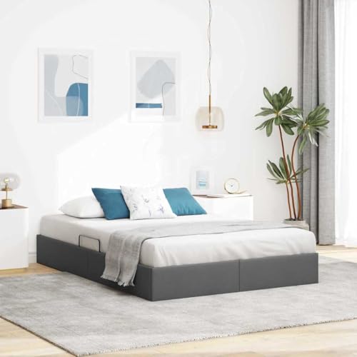 Teenpull Cama de almacenamiento con cabecero gris oscuro, 135 x 190 cm, tela con marco de metal, cama tapizada para dormitorio con cajón y somier de láminas