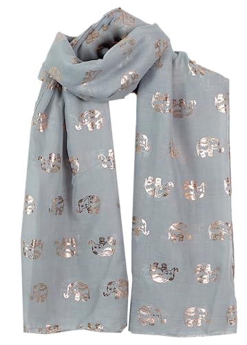 World of Shawls Metallic Rose Gold Elephant Print Women Scarf Shawl Scarves Wrap Beach Cover (Silver)