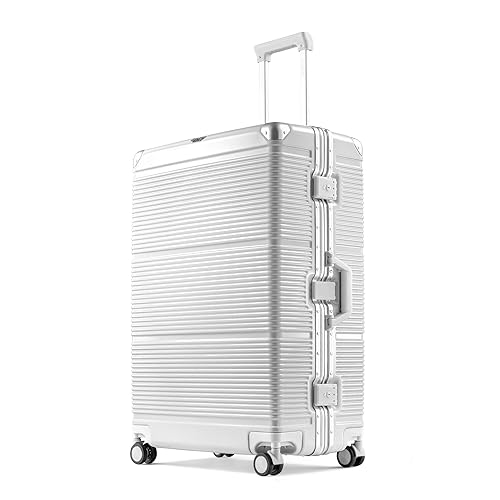 PRIMICIA GinzaTravel New Classic Aluminum Frame Fashion Bright Color Suitcase with TSA Lock No Zipper（Colorful Series） (Checked-Large 28', Milky White)