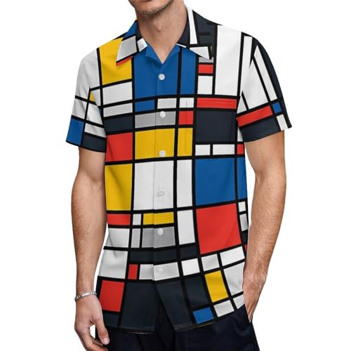 Mondrian Style Pattern Men's Button Down Short Sleeve Shirt Casual Summer Beach Tops