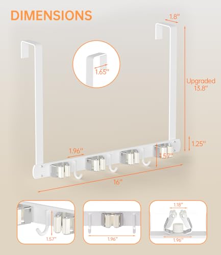 Broom Holder Over The Door - 304 Stainless Steel Mop and Broom Holder Wall Mounted or Hanging Over The Door with Hooks - Broom Hanger - white, Broom Storage Tool Organizer for Closet Laundry thumbnail 5