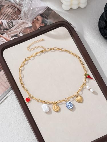 Trendy Stainless Steel Gold Plated Charm Necklace with Heart Pearl Pepper Conch Ceramic Pendant Necklace for Women Collares Chokers Jewelry3