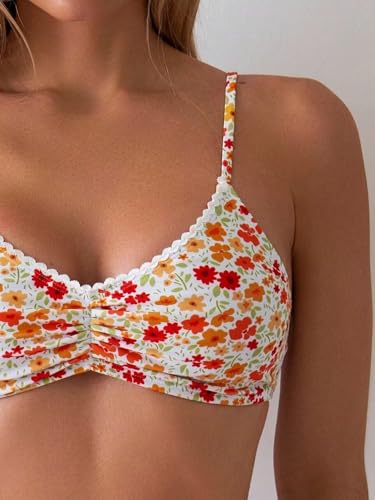 Women's Floral Print Bathing Suit Lace Trim Split Spaghetti Strap Summer Swimsuit Bikini Set4