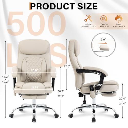 Image of 500LBS Massage Office Chair, Reclining 6 Points Vibration and Heat Desk Chair with Foot Rest, Ergonomic Executive Office Chairs, Comfy Wider & Thicker Seat, Big and Tall Gaming Chair, PU Leather Beige