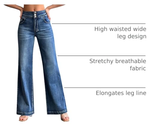 Image of roswear Women's Wide Leg Jeans Casual High Waisted Stretch Baggy Loose Denim Pants