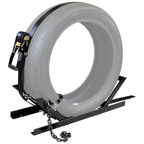JY PERFORMANCE Semi-Truck Spare Tire Rack Adjustable Tire Carrier Ratchet Strap Chain Black DAC927