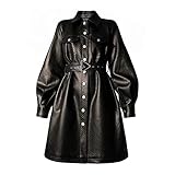 DSFEOIGY Robe de Fausse en Cuir de Printemps aux Femmes avec des Robes de Chemise de Bureau à Manches Longues for Les Femmes (Color : Black, Size : S Code)