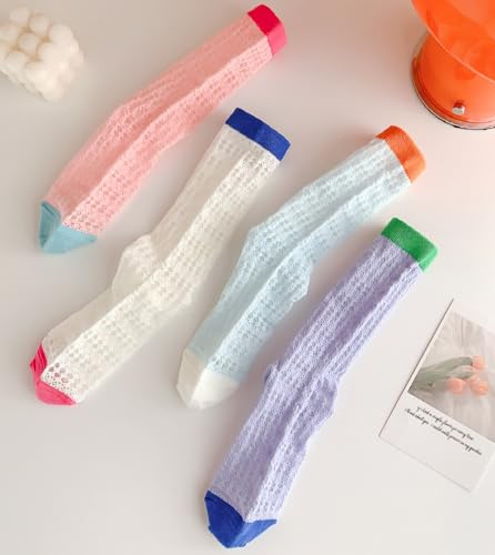 Image of Women's Dopamine Color-Block Crew Socks, Mesh Mid-Calf & Scrunch Thin Sock for Shoe Size 5-8
