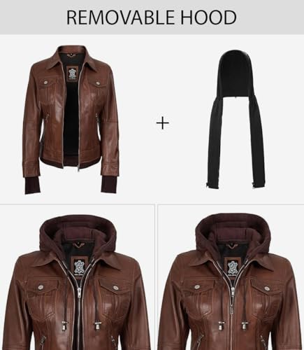 Image of Womens Leather Jacket with Detachable Hood - Real Lambskin Bomber Jacket Thumbholes Women
