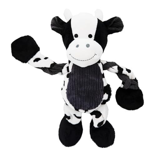 Outward Hound Charming Pet Pulleez Cow Squeaky Plush Dog Toy with Ropes for Pull-Through Tugging Action